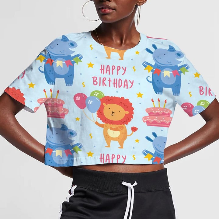 Cute Lion And Hippo With Balloons Rhino Cake 3D Women's Crop Top