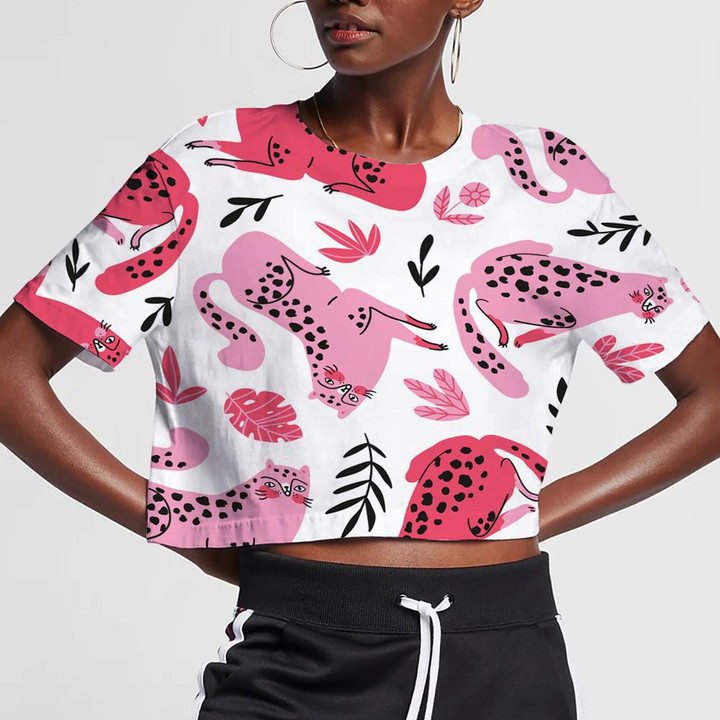 Cute Leopard With Pink Leaves On White 3D Women's Crop Top