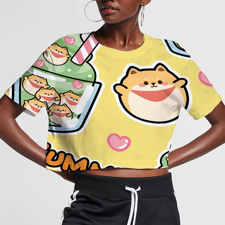 Cute Ice Cream With Shiba Inu Dog Bubble Isolated Background 3D Women's Crop Top