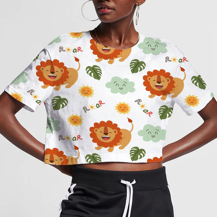 Cute Happy Roaring Lion With Cloud And Sun 3D Women's Crop Top