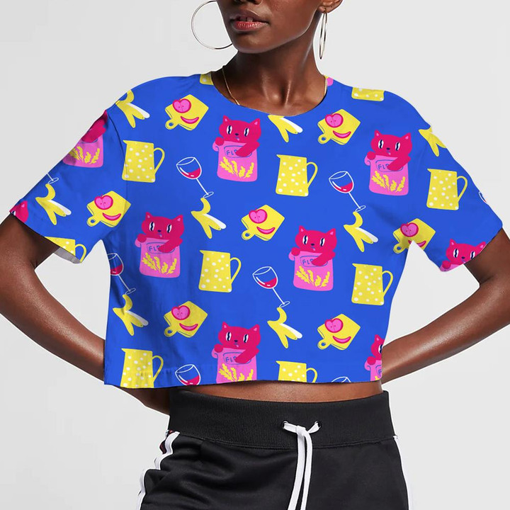 Cute Hand Drawn Cat At The Kitchen 3D Women's Crop Top