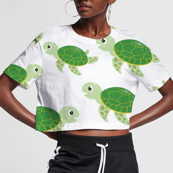 Cute Green Cartoon Turtles On White Background 3D Women's Crop Top