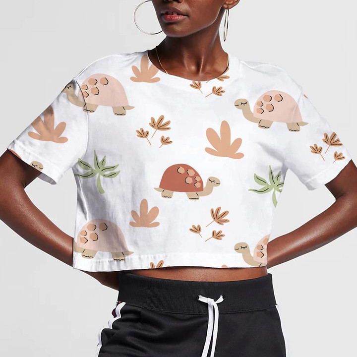Cute Funny Safari Turtle And Floral Elements 3D Women's Crop Top