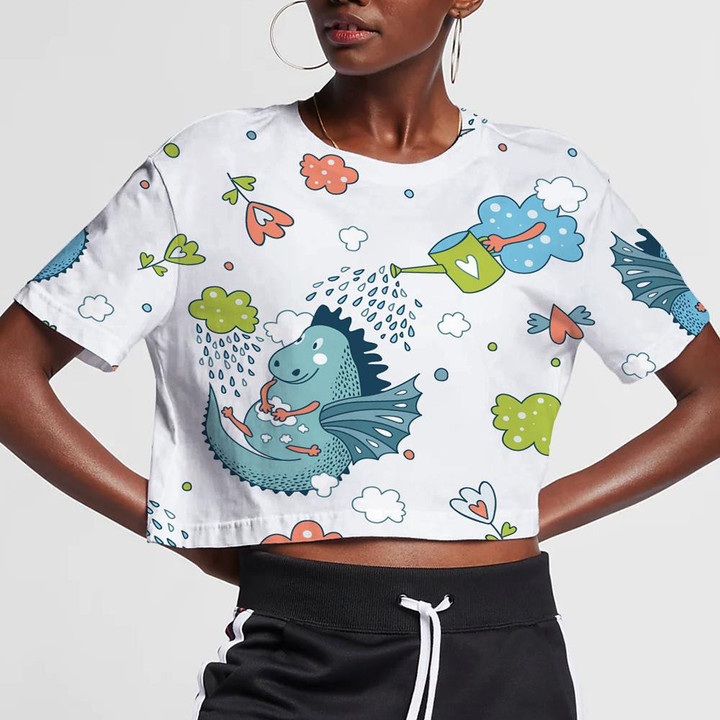 Cute Funny Dragons With Cloud Rain Drops And Flowers 3D Women's Crop Top