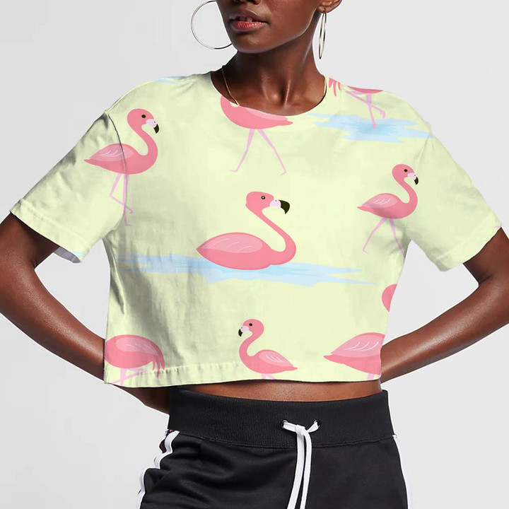 Cute Flamingo In Moment With Small Pond 3D Women's Crop Top