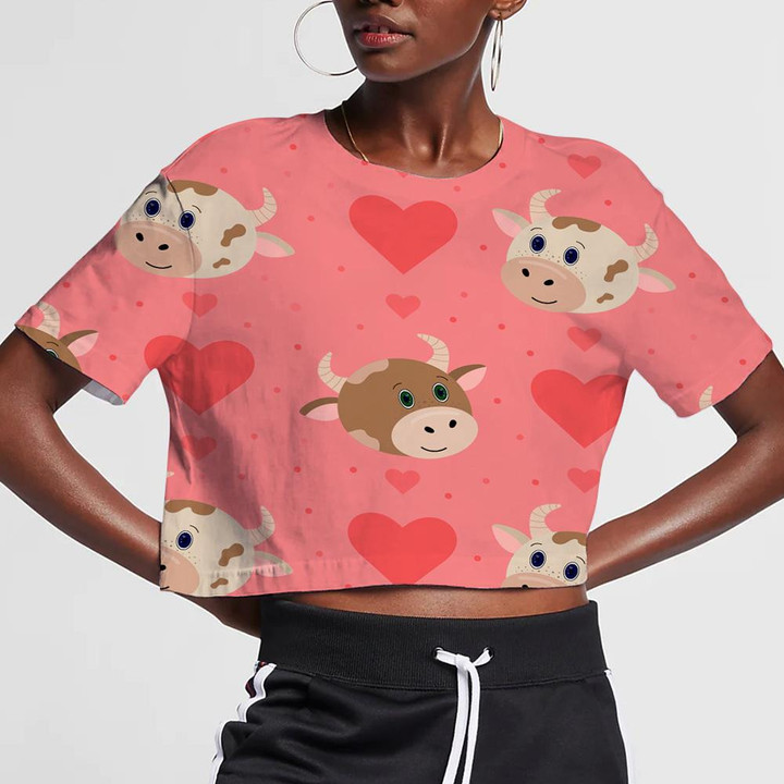 Cute Enamored Cows Pink Background With Hearts 3D Women's Crop Top