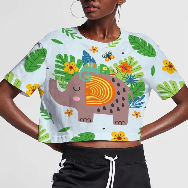 Cute Elephant Chameleon Butterfly With Colorful Plants 3D Women's Crop Top