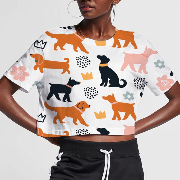 Cute Dogs Crowns And Polka Dots On White 3D Women's Crop Top
