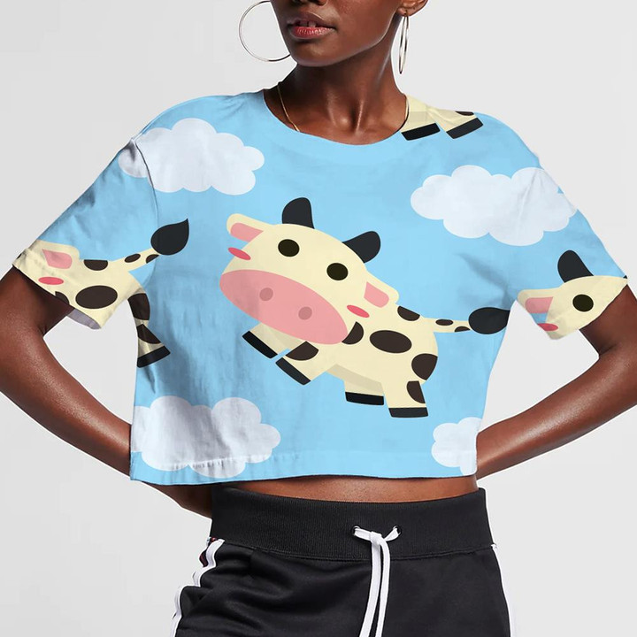 Cute Cow With Cloud Icon In The Sky 3D Women's Crop Top