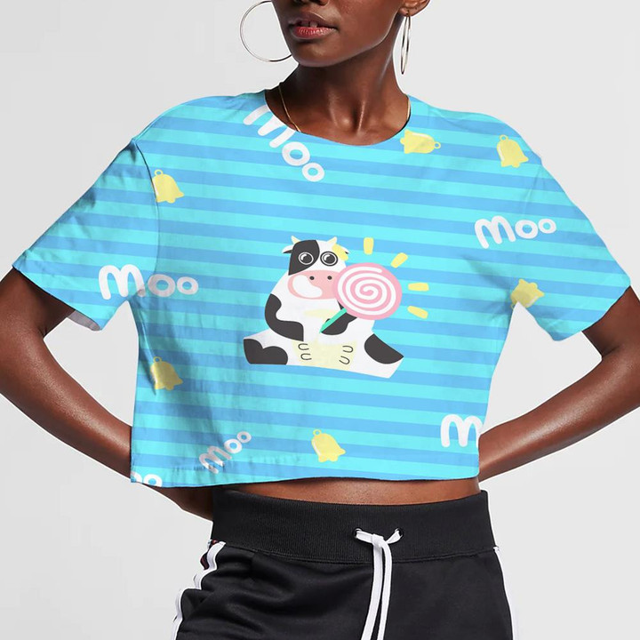 Cute Cow In Blue Line Decorate With Bell 3D Women's Crop Top