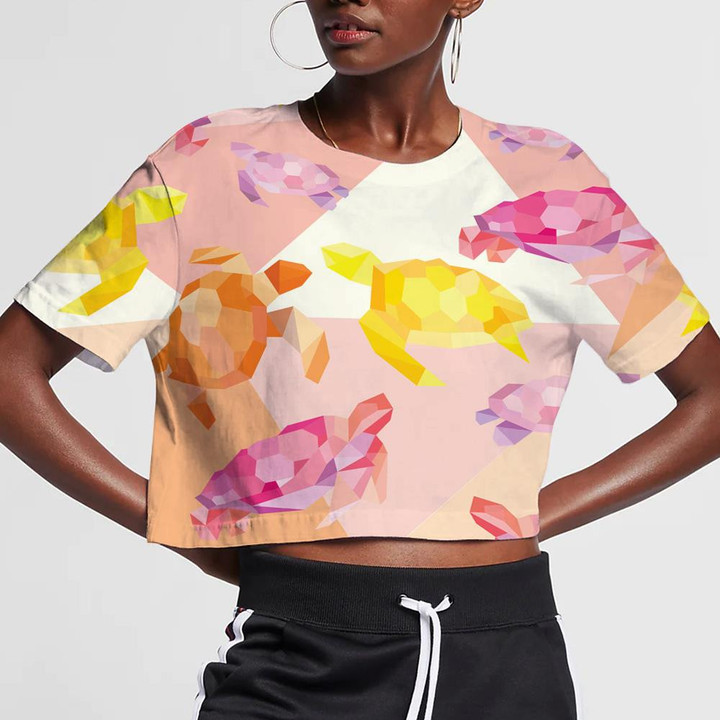 Cute Colorful Sweet Turtle On Geometric Background 3D Women's Crop Top