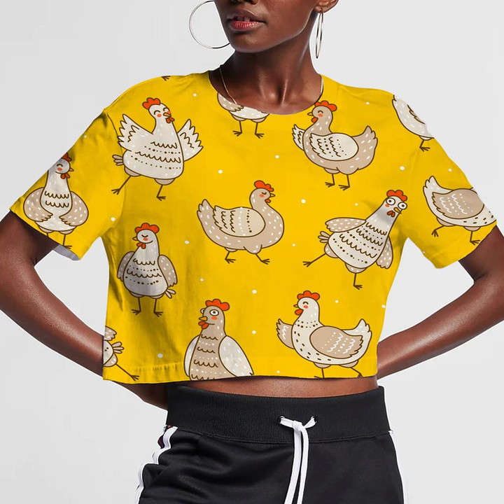Cute Chickens Isolated On Yellow Background 3D Women's Crop Top