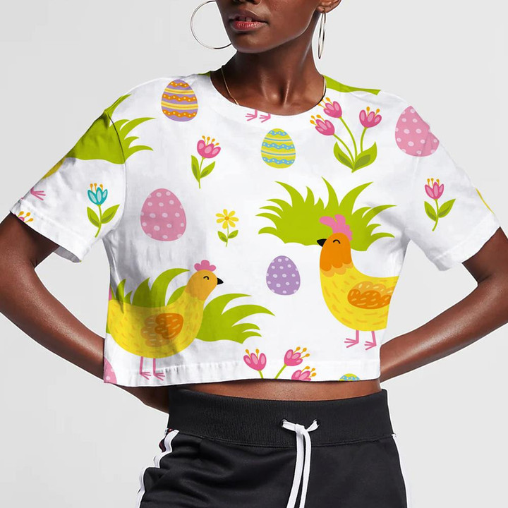 Cute Chickens Grass Colorful Eggs And Flowers 3D Women's Crop Top