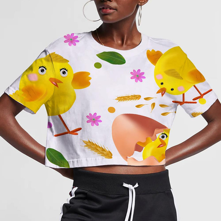 Cute chicken Flowers Green Leaf Egg Shell And Barley 3D Women's Crop Top