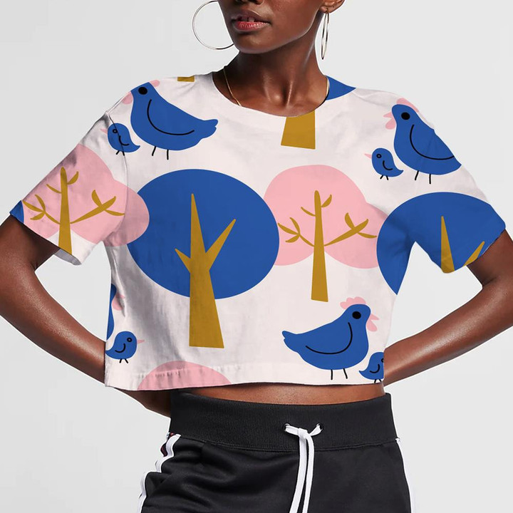 Cute Chicken And hen With Colorful Trees 3D Women's Crop Top