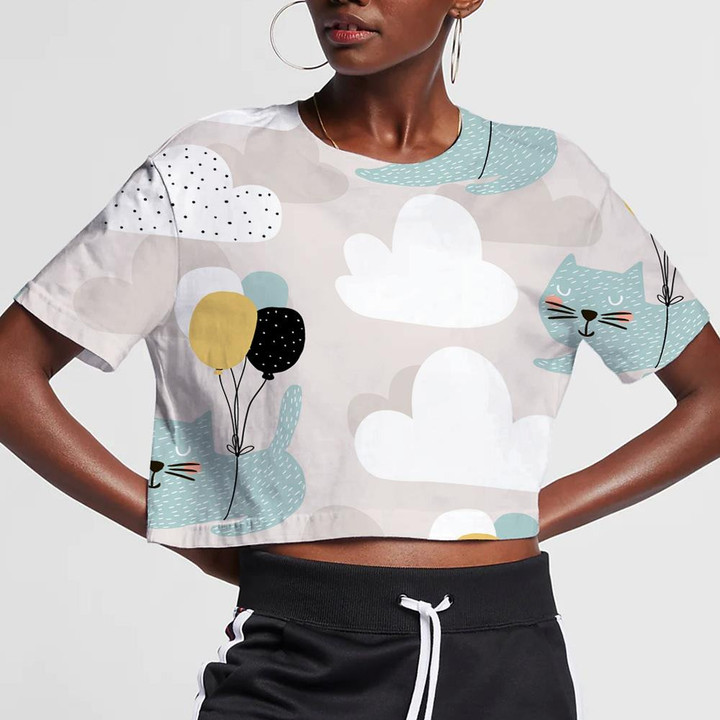 Cute Cats Flying With Balloon And Cloud 3D Women's Crop Top