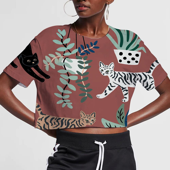 Cute Cats And House Plants On The Brown 3D Women's Crop Top