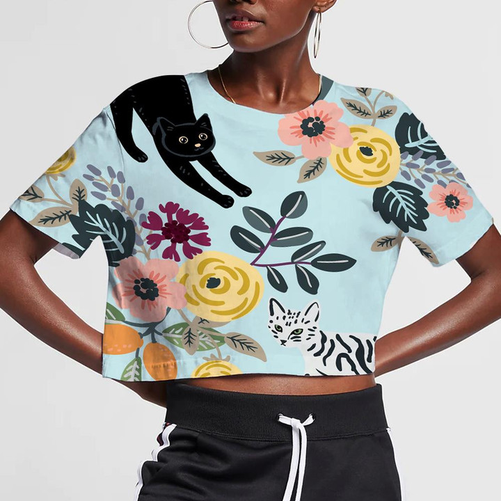 Cute Cats And Floral Bouquets On The Light Blue 3D Women's Crop Top