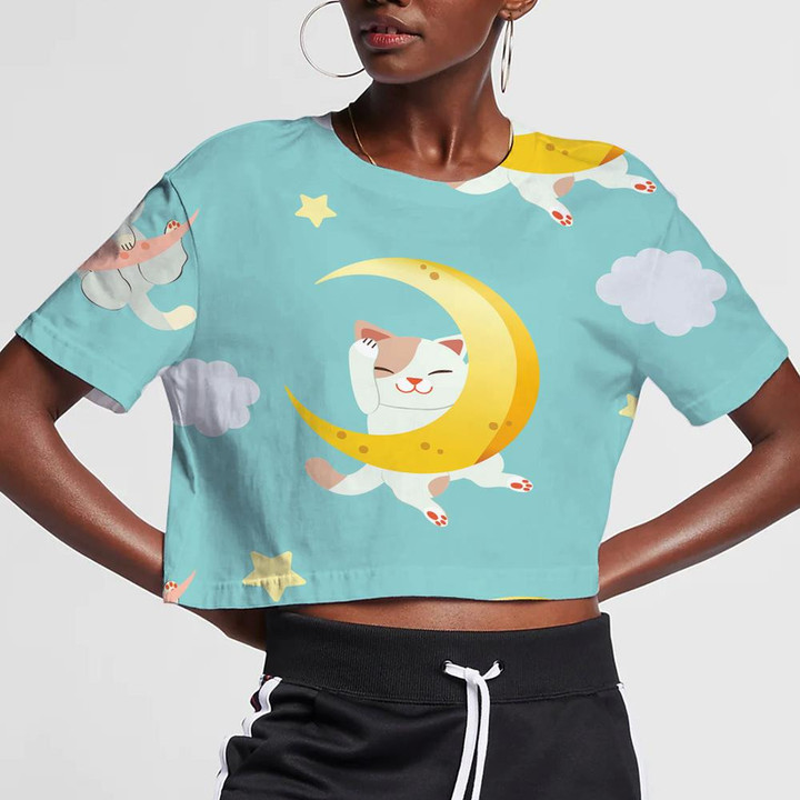 Cute Cat Sleeping On The Crescent Moon And Cloud 3D Women's Crop Top