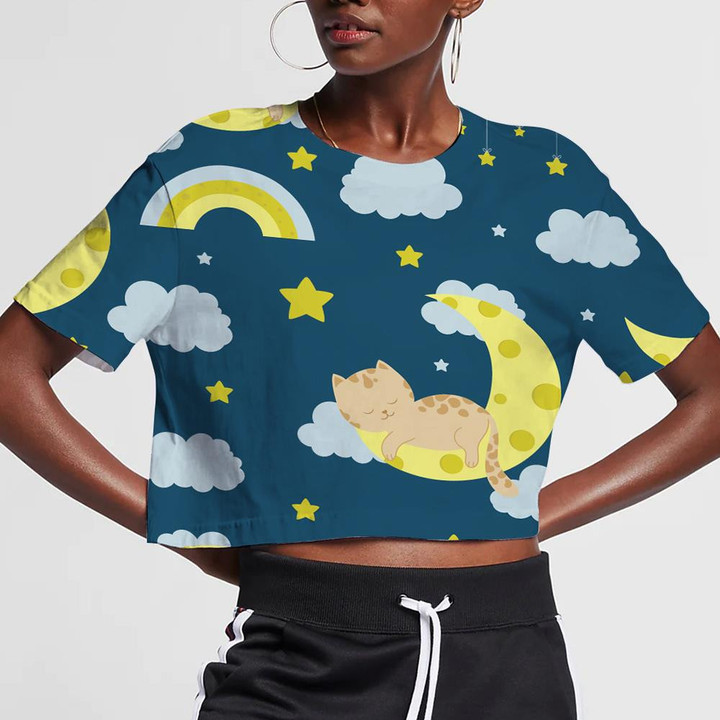 Cute Cat Sleeping On Moon With Cloud And Star 3D Women's Crop Top