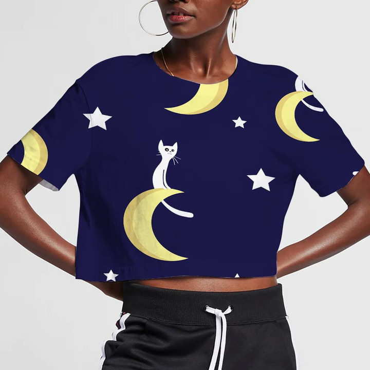 Cute Cat Sitting On Moon On Starry Night Sky 3D Women's Crop Top