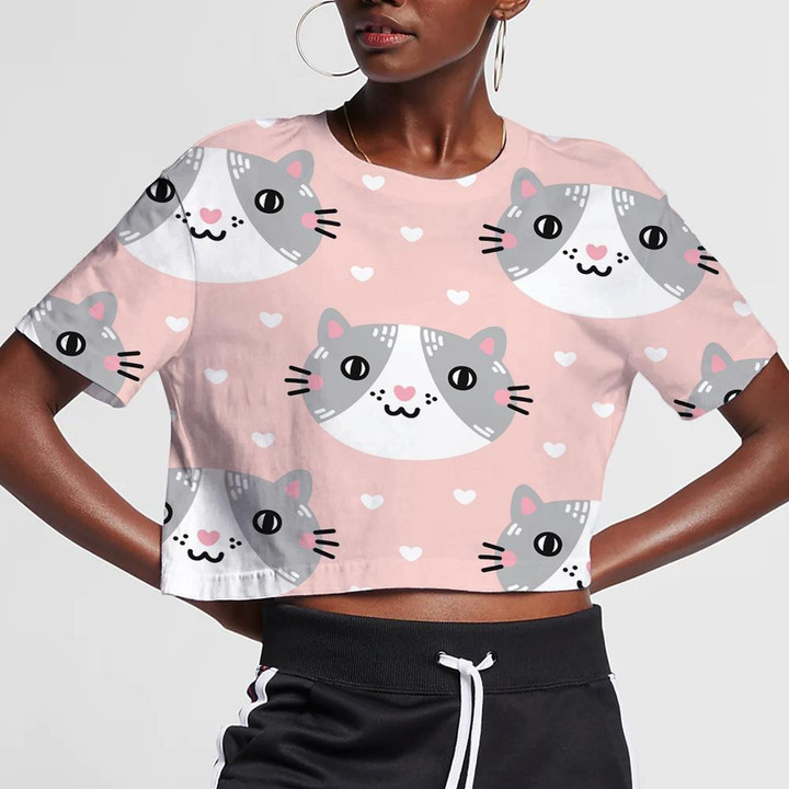 Cute Cat Muzzle On A Pink Background With Hearts 3D Women's Crop Top