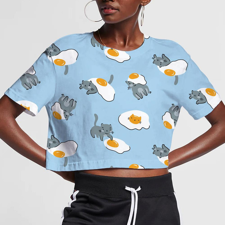 Cute Cat And Fried Eggs On Blue Background 3D Women's Crop Top