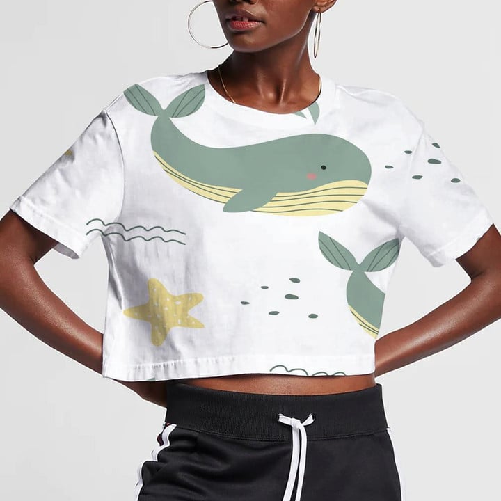 Cute Cartoon Pattern Of Sea World With Whales Starfish And Corals 3D Women's Crop Top