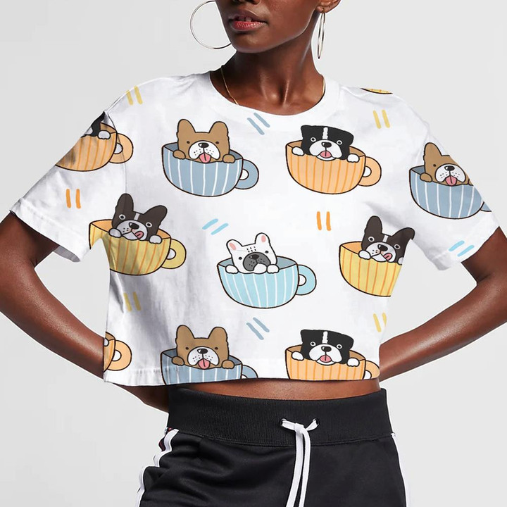 Cute Bulldog In Coffee Cup On White Background 3D Women's Crop Top