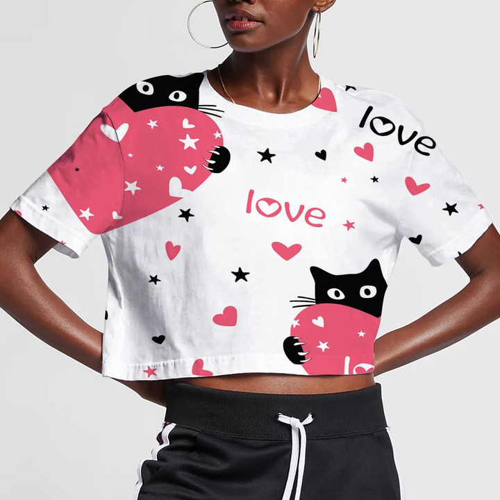 Cute Black Cats And Hearts For Love Day 3D Women's Crop Top