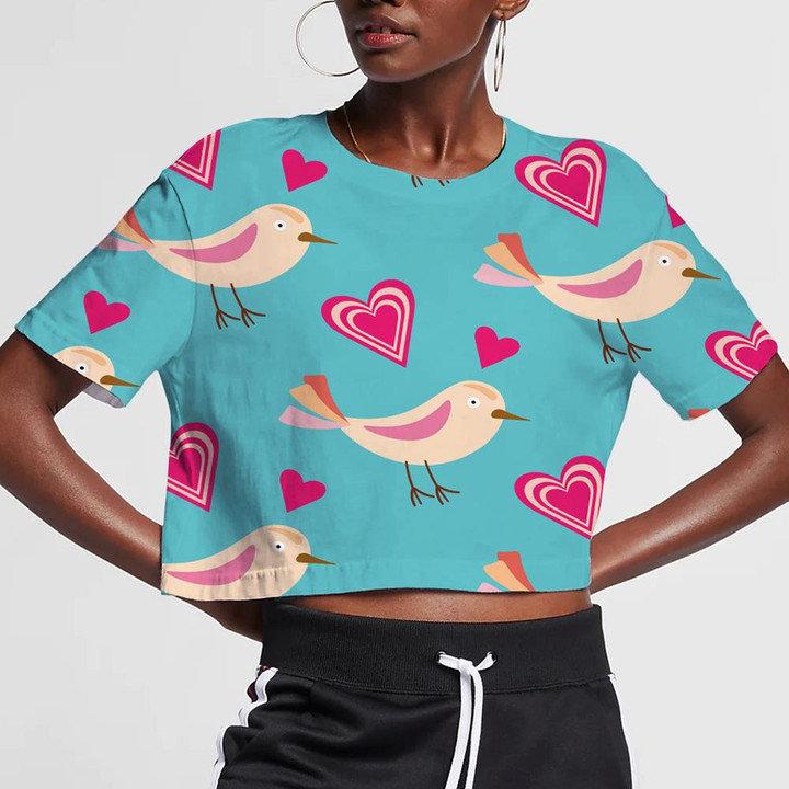 Cute Birds With Blue And Pink Hearts 3D Women's Crop Top