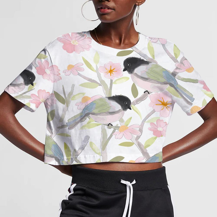 Cute Bird And Pink Floral With Green Leaf 3D Women's Crop Top