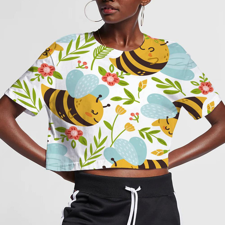 Cute Bees Cartoon Insects And Summer Flowers 3D Women's Crop Top