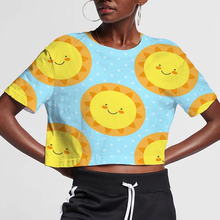 Cute Baby Sun On Polka Dots Blue Background 3D Women's Crop Top