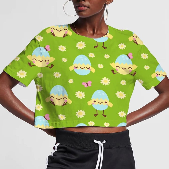 Cute Baby Chickens With Yellow Daisy Flowers 3D Women's Crop Top