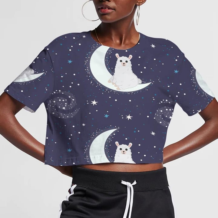 Cute Alpaca On The Crecsent Moon With Star 3D Women's Crop Top