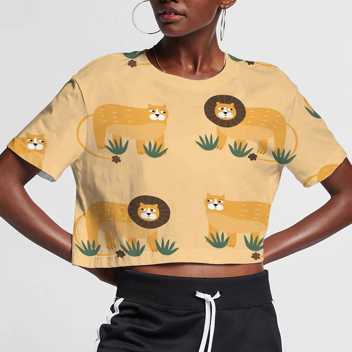 Cute Lions With Funny Eyes And Green Bush 3D Women's Crop Top