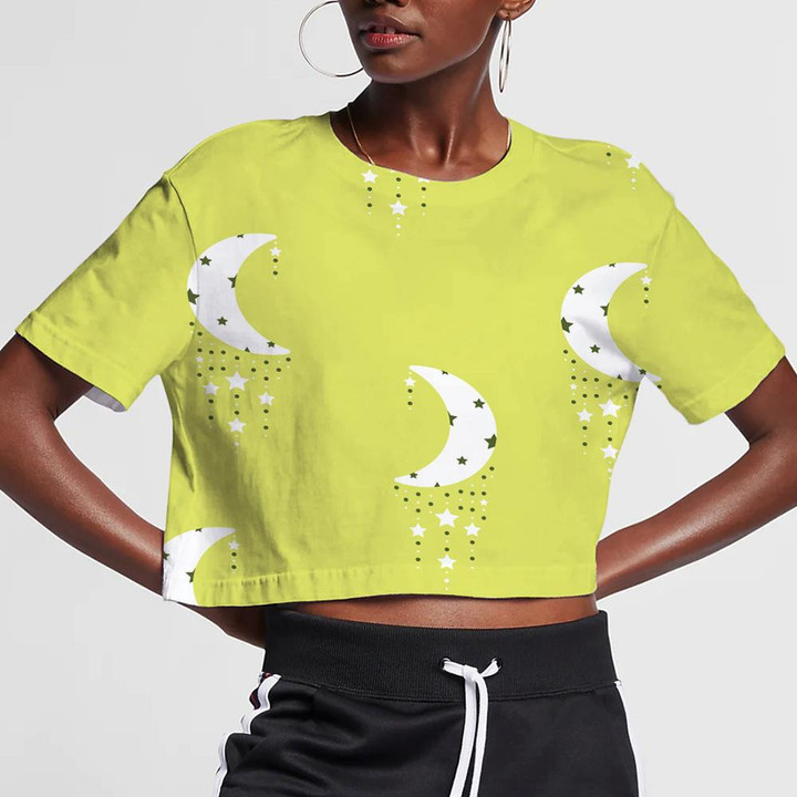 Crescent Moon With Star Chains On Lemon Lime Green 3D Women's Crop Top