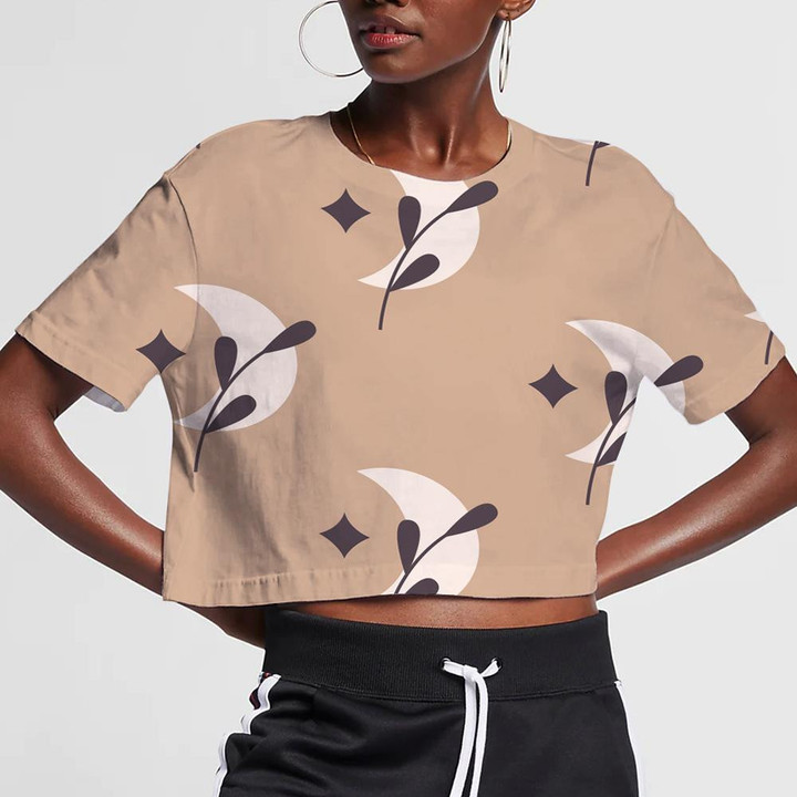 Crecsent Moon With Leaves On Beige Background 3D Women's Crop Top
