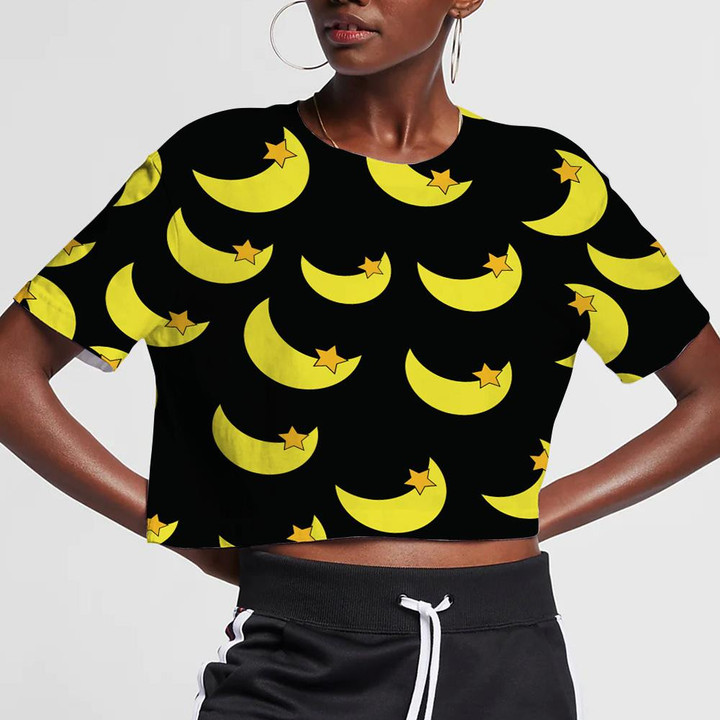 Crecsent Moon And Star On Black Background 3D Women's Crop Top