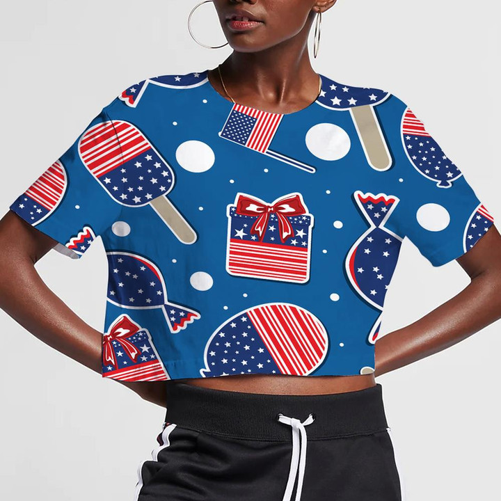 Creative Symbols Of American Independence Day On Blue Background 3D Women's Crop Top