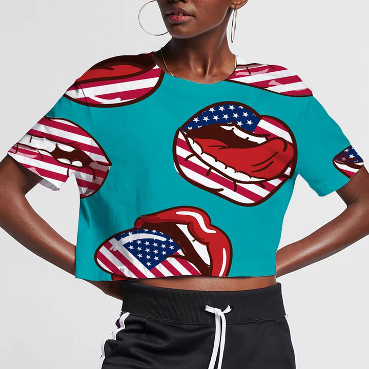 Creative Sexy Lips With US Flag Pattern Blue Background 3D Women's Crop Top