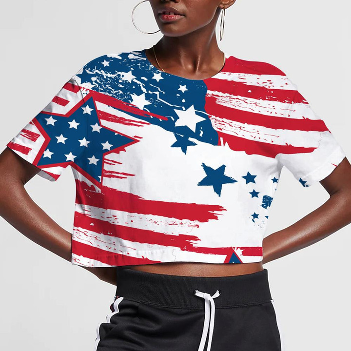 Cracked Color Painting Patriotic Stars America Pattern 3D Women's Crop Top