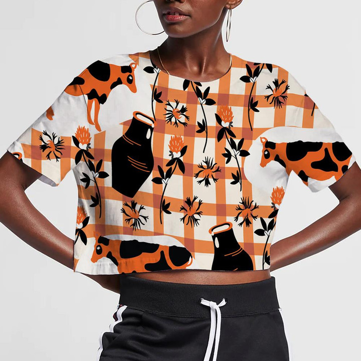 Cow With Clay Milk Jug And Flowers On Checkered Background 3D Women's Crop Top