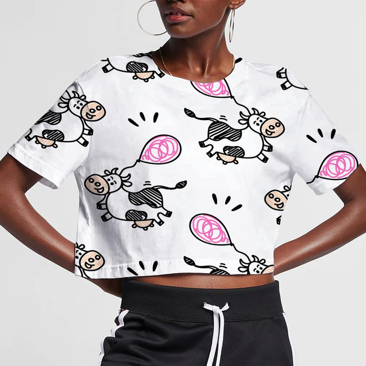 Cow In Sketch Doodle Style With Funny Air Balloons 3D Women's Crop Top