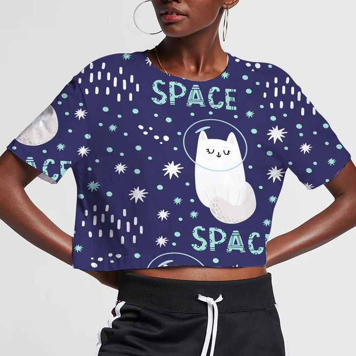 Cool White Cat In Space In Doodle Style 3D Women's Crop Top