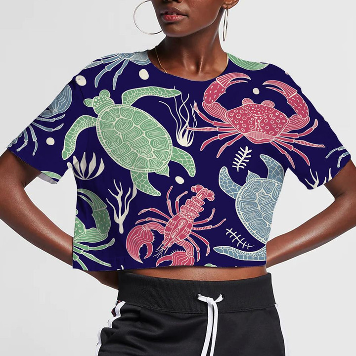 Colourful With Turtles Crabs And Lobsters 3D Women's Crop Top