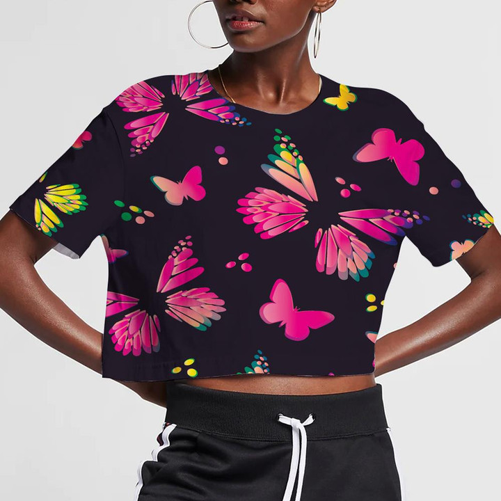 Colorful Yellow And Pink Butterflies On Black 3D Women's Crop Top