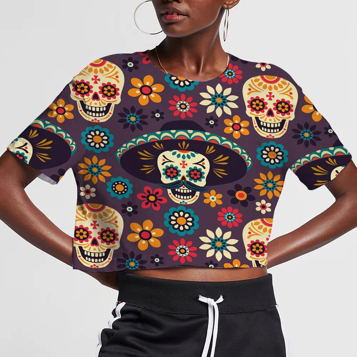 Colorful Traditional Mexican Sugar Skull And Floral 3D Women's Crop Top