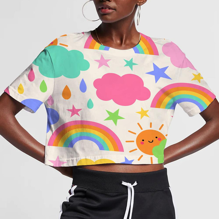 Colorful Sky With Star Rainbow Cloud And Cute Sun 3D Women's Crop Top